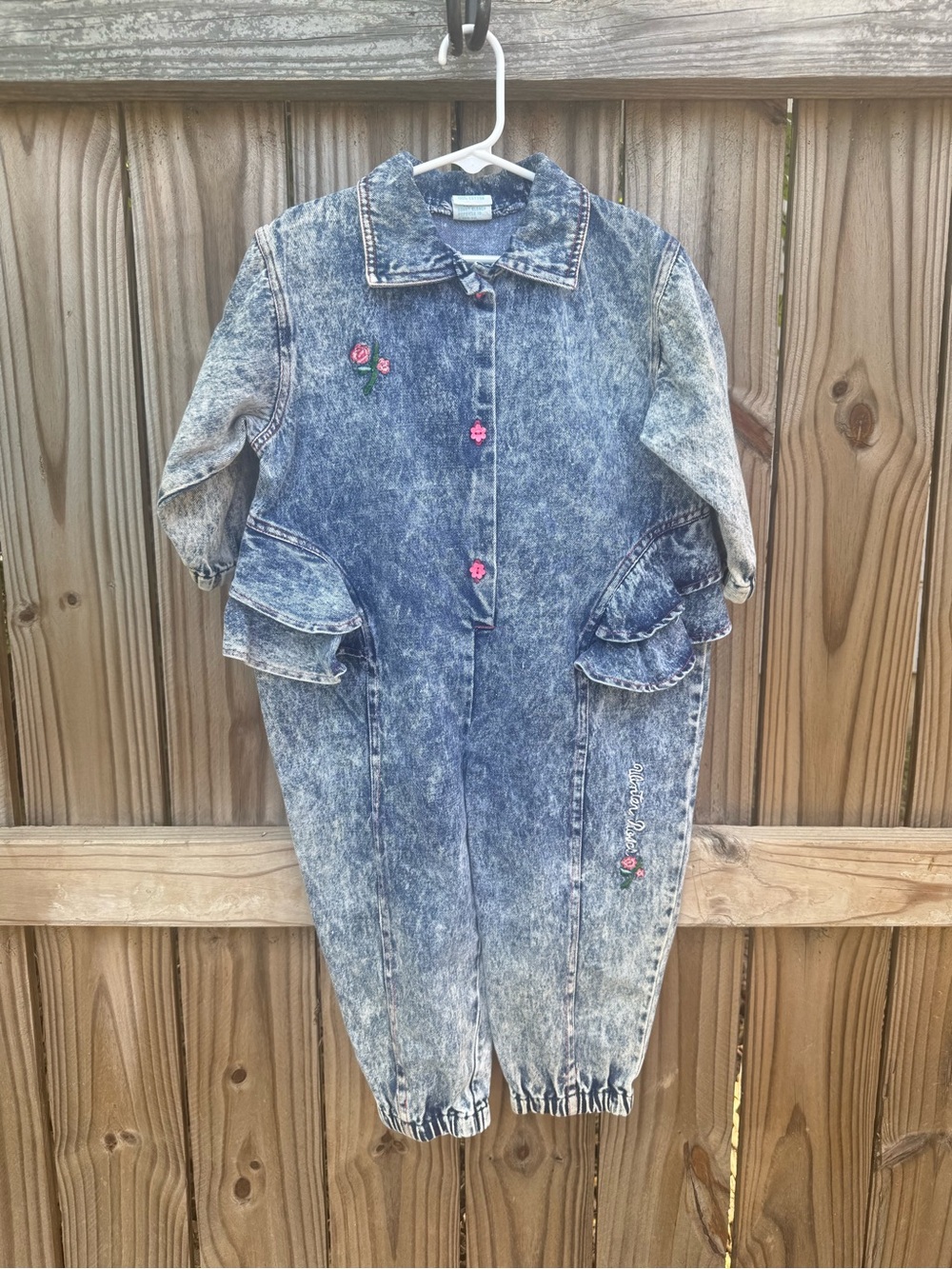 Vintage Popsicle Acid-Wash Denim bubble romper pink Floral Embroidery
